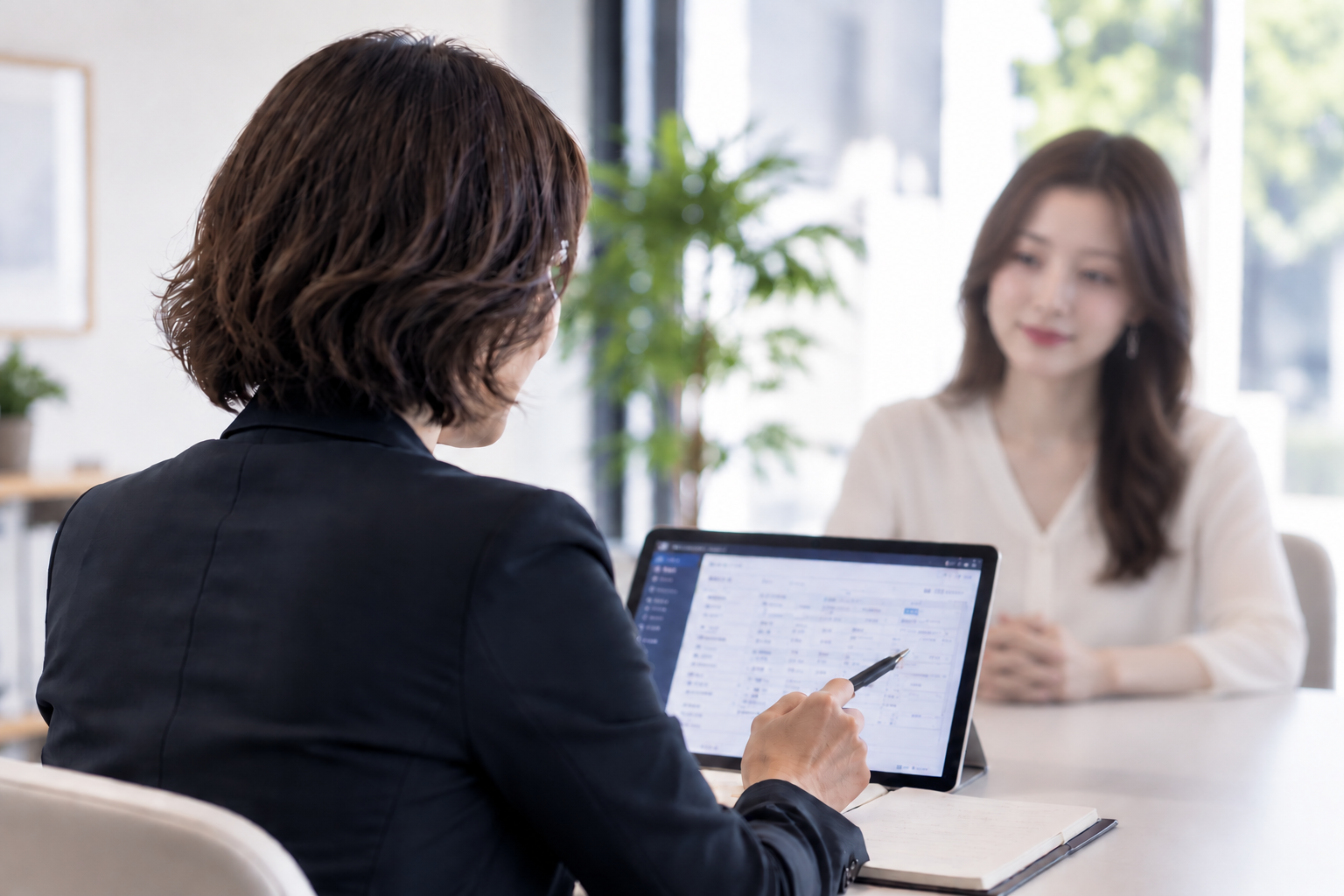 鑑定士が相談者と向き合い、タブレットを使って鑑定する様子